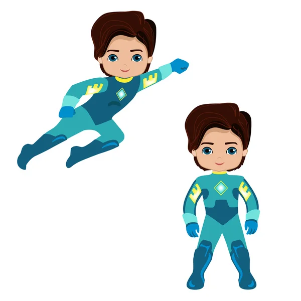 Niedlichen Jungen Superhelden im Flug und in stehender Position. Illustration isoliert auf weißem Hintergrund — Stockvektor