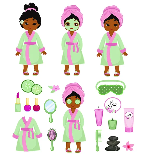 Girl in green bathrobe takes spa treatments. Vector illustration isolated on white background. — Stock Vector