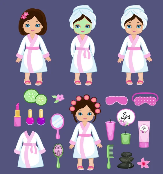 Girl in white bathrobe takes spa treatments.Vector illustration isolated on background. — Stock Vector