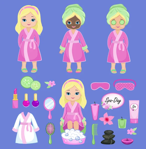 Κορίτσι στο ροζ μπουρνούζι παίρνει θεραπείες spa. — Διανυσματικό Αρχείο