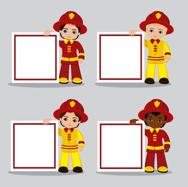 Conjunto vetorial de bombeiro menino dos desenhos animados com quadro . — Vetor de Stock