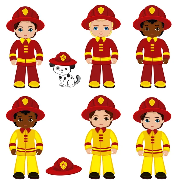 Brigada de bomberos chicos lindos ilustración vector de dibujos animados. ilustración vectorial aislado oh fondo blanco . — Vector de stock