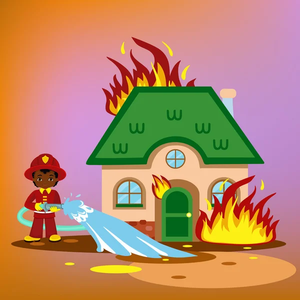 Firefighter trying to put out burning house. vector illustration isolated on white background. — Stock Vector