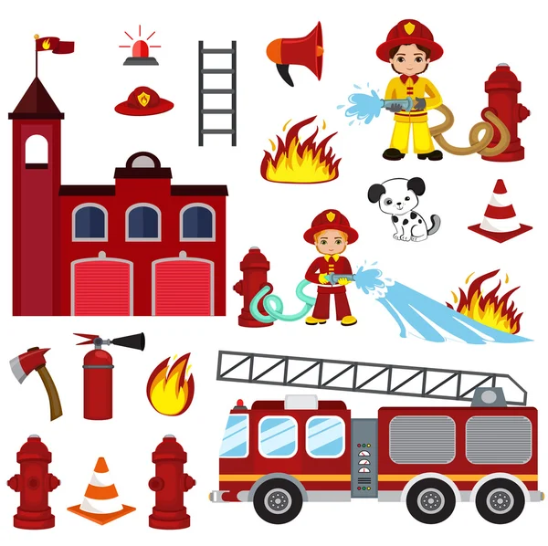 Firefighting characters, hose, fire station, fire engine, fire alarm, extinguisher, axe, and hydrant. — Stock Vector