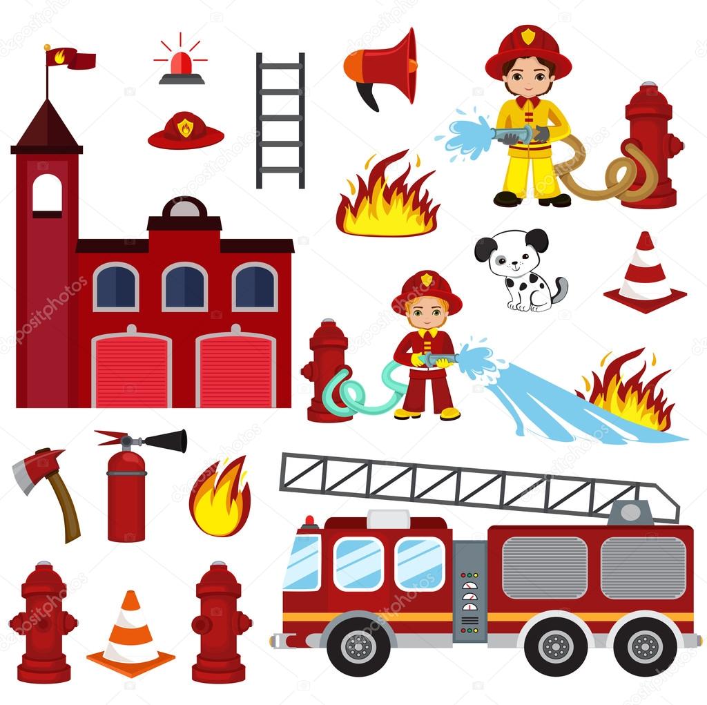 firefighting characters, hose, fire station, fire engine, fire alarm, extinguisher, axe, and hydrant.