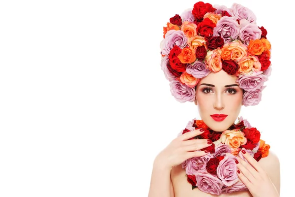 Woman in fancy wig of colorful roses — Stock Photo, Image