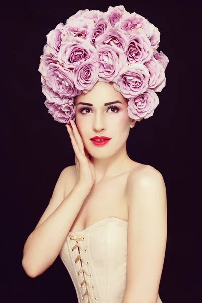 Woman in with fancy roses wig — Stock Photo, Image