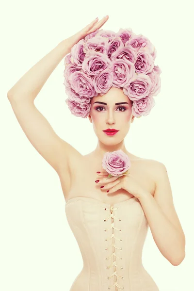 Woman in with fancy roses wig — Stock Photo, Image