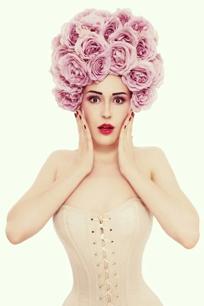 Woman in with fancy roses wig — Stock Photo, Image