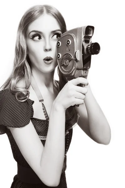 Blonde girl with vintage camera — Stock Photo, Image