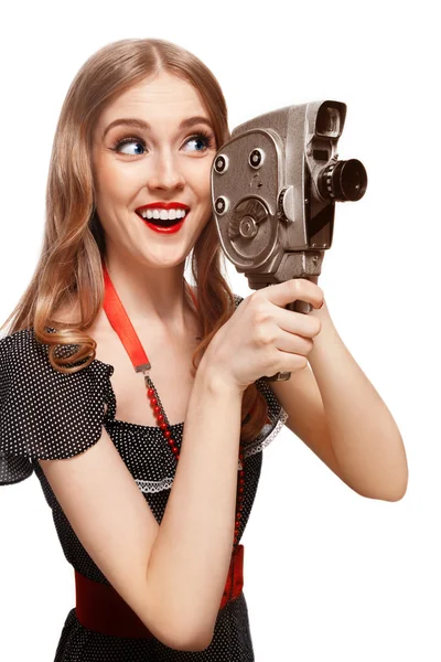 Szőke lány vintage kamerával — Stock Fotó