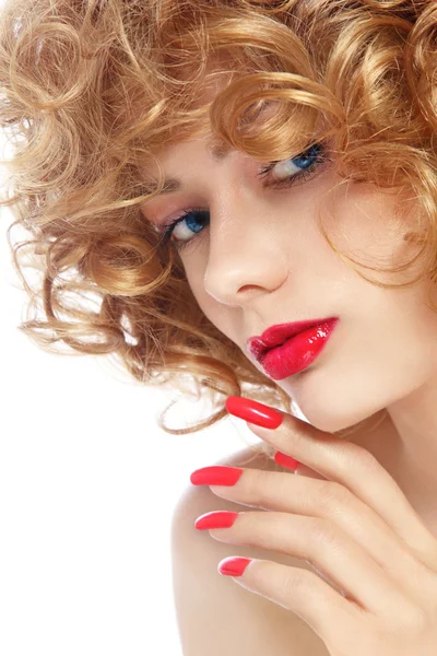 Kobieta z stylowe manicure i czerwona szminka — Zdjęcie stockowe