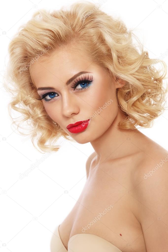 retro woman with blond curly hair