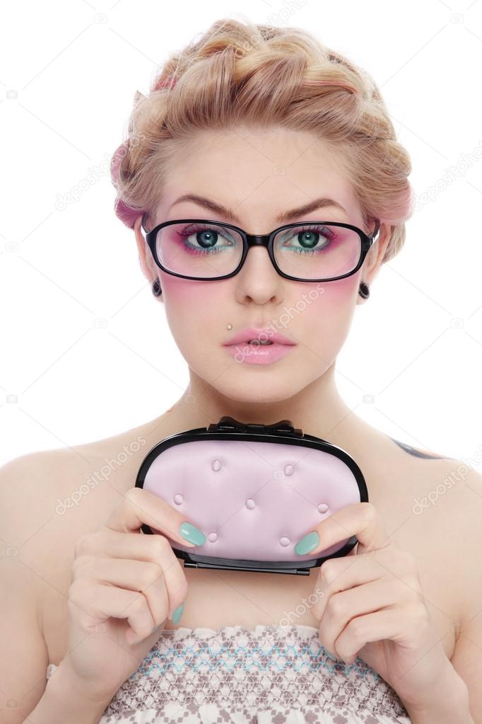 girl in glasses with beauty bag