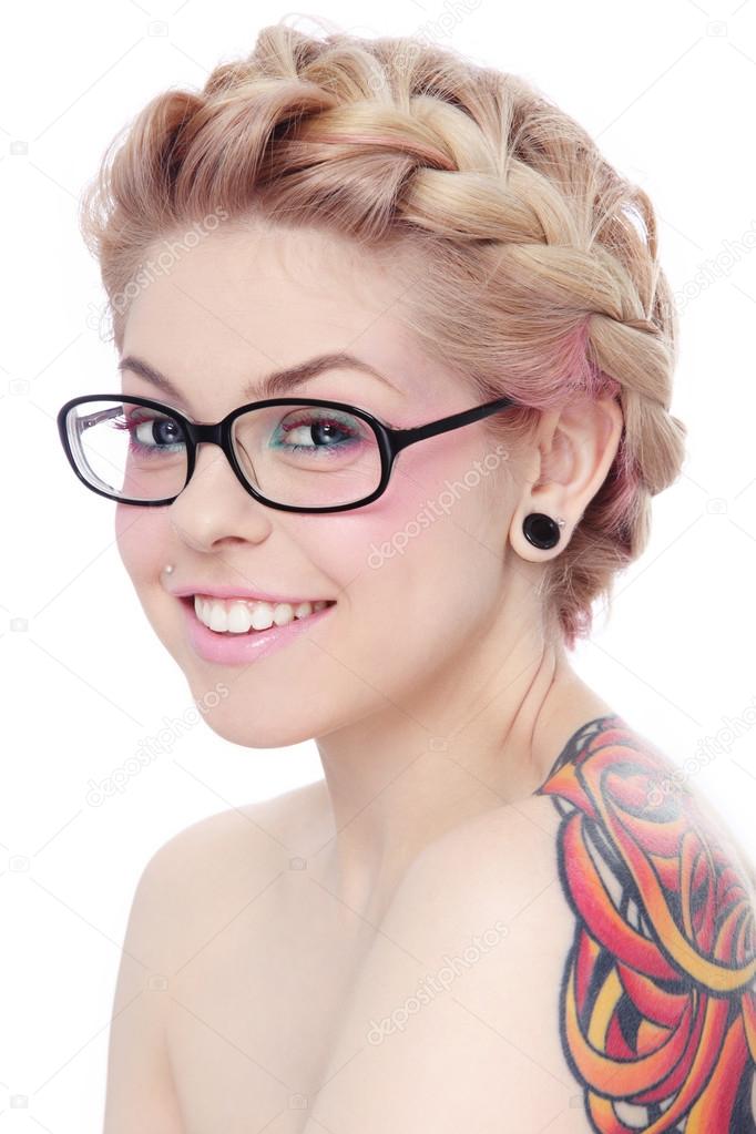 smiling freaky woman in glasses