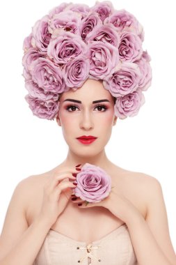 woman with fancy wig of fresh roses