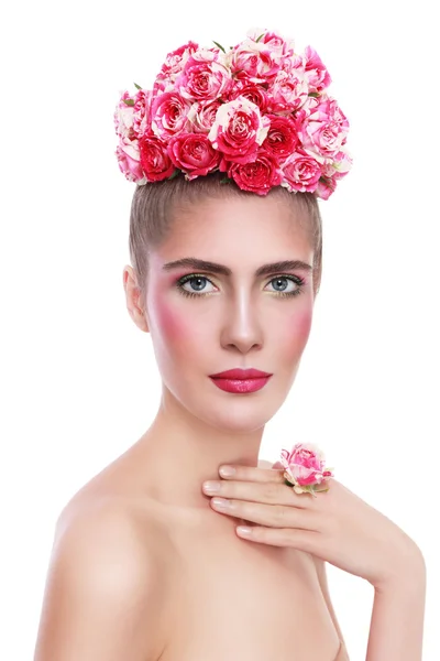 Woman with flowers headband — Stok fotoğraf