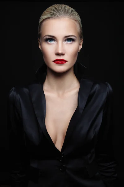 Glamorous woman in black silky jacket — Stock Photo, Image