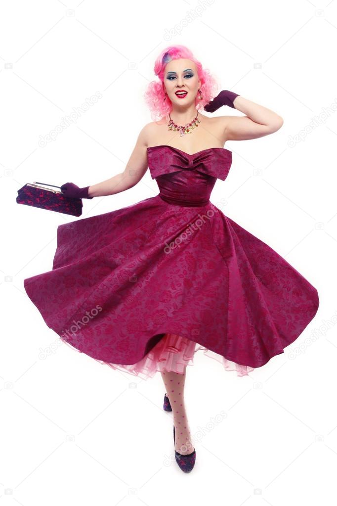 pink-haired woman in gorgeous vintage dress