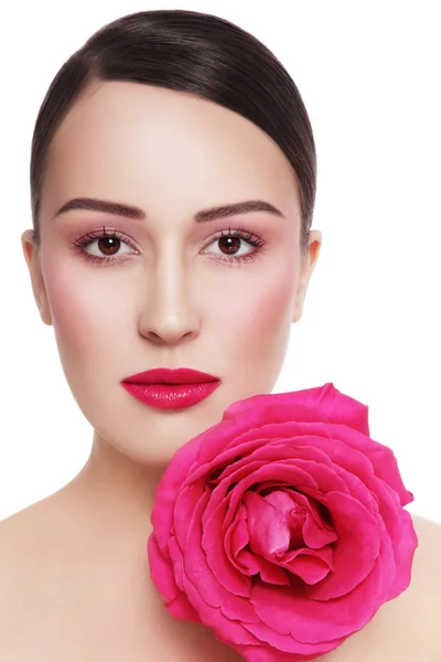 Beautiful woman with pink rose — Stock Photo, Image