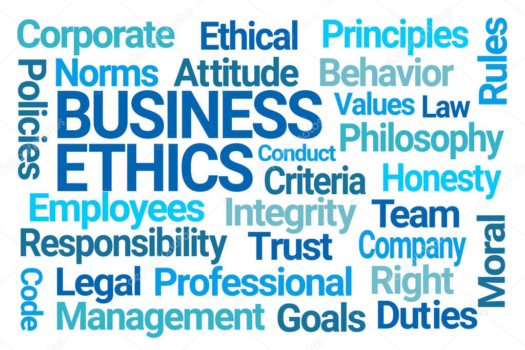 Business Ethics Blue Word Cloud on White Background