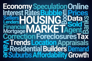 Housing Market Word Cloud on Blue Background clipart