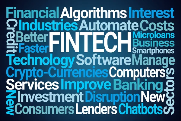 Fintech Word Cloud Blauwe Achtergrond — Stockfoto