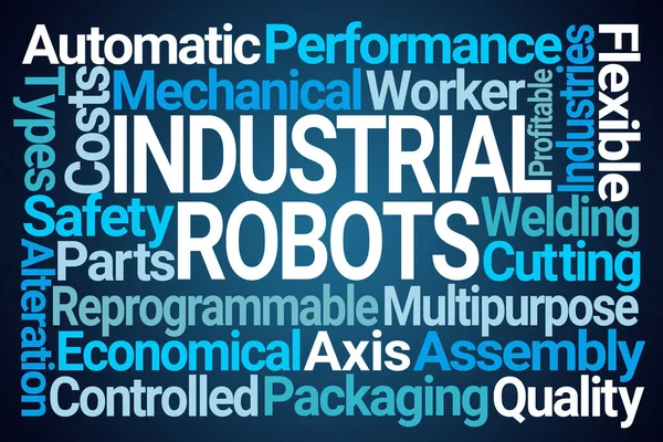 Robôs Industriais Word Cloud Fundo Azul — Fotografia de Stock