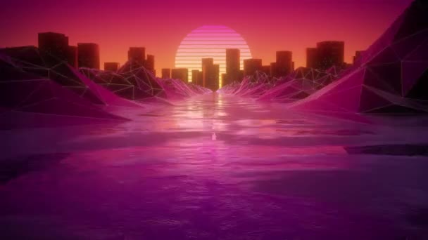 Retro 80S Electric Synthwave Sunset Cityscape Driving Loop Background — Stock video