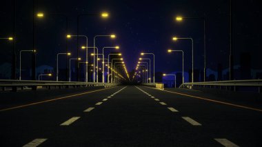 Şehre giden 3D aydınlatılmış bir yolun geniş açılı görüntüsü..