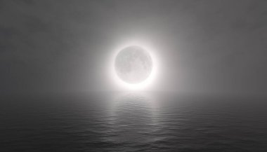 3D, okyanus ufkunun üzerinde puslu bir ay tutulmasının geniş açı görüntüsünü oluşturdu..