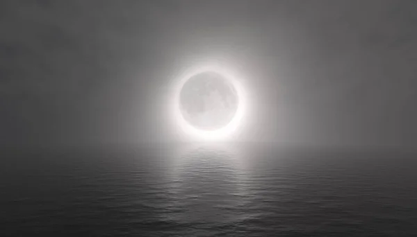 Kiolvasztott Illusztráció Széles Látószögű Kilátás Ködös Holdfogyatkozás Óceán Horizontján — Stock Fotó