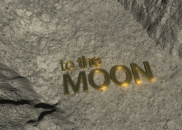 Gold 3D rendered TO THE MOON title embedded into moon ground.