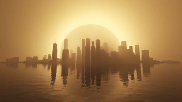 Surreal Looping Cityscape Water Eclipsed Hazy Fog Background — Vídeos de Stock