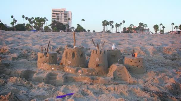 Castelli di sabbia a Santa Monica Beach — Video Stock