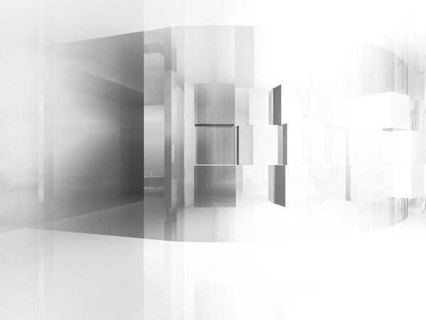 Showroom, open space, clean room with shapes in 3d, business space