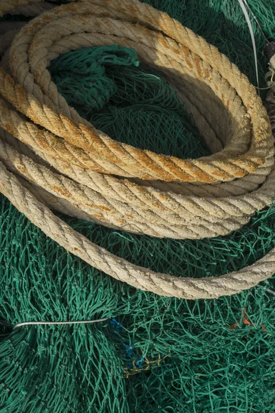 Rigs and fishing nets with a port in Mallorca, Spain. Detail of — Stock Photo, Image