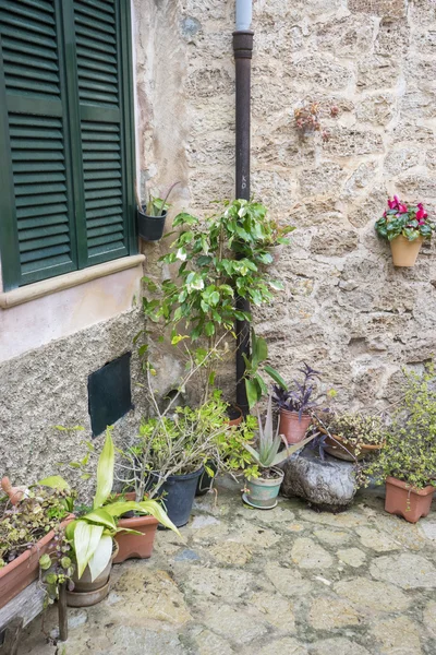 Calle de macetas en la isla turística de Mallorca, Valdemosa c — Foto de Stock