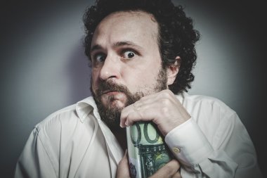 man in white shirt holding money box clipart