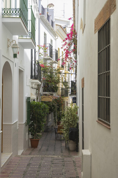Traditional Andalusian street with white houses in Marbella, Andalucia, Spain