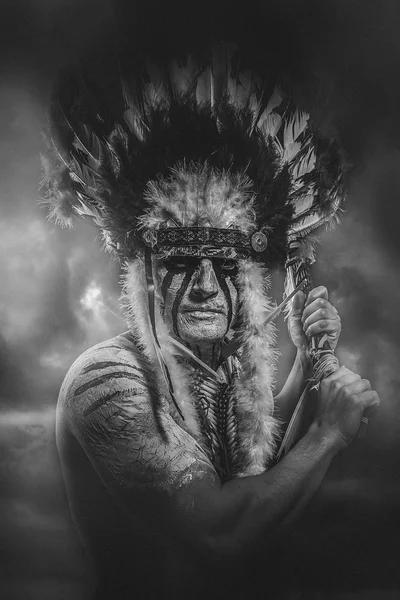 Indian warrior with feather headdress — Stock Photo, Image