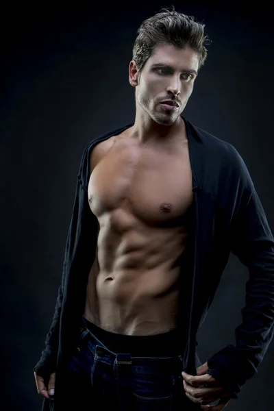 Muscular, Young fashion model with abdominals and stylish clothe — Stock Photo, Image