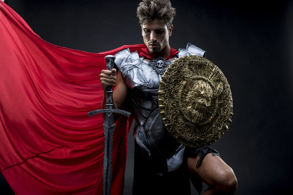 Conqueror, centurion or Roman warrior with iron armor, military 