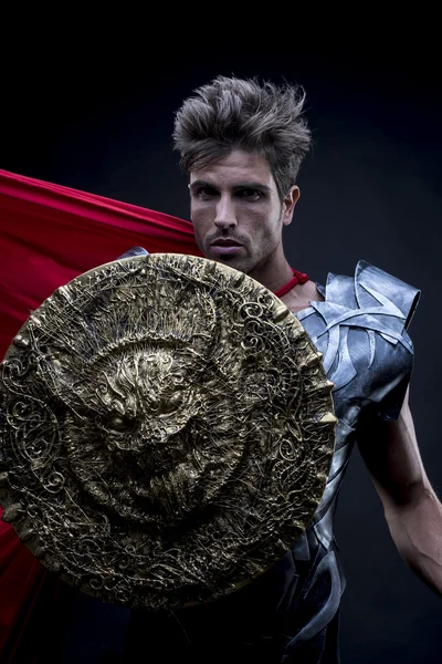 Epic, centurion or Roman warrior with iron armor, military helme — Stock Photo, Image