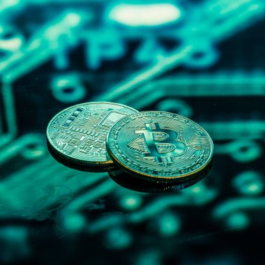 Bitcoin altın, gümüş ve bakır paralar ve çözülmüş baskılı devre arka planı. Sanal kripto para birimi kavramı.