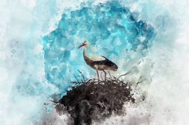 Mavi gökyüzünün üzerinde ağaç dallarından yapılmış Leylek yuvasının tasvirli portresi dramatik