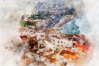 Peniscola kasabası Valencia, İspanya. Turizm, derin mavi denizi ve Akdeniz mimarisi olan İspanyol manzarası