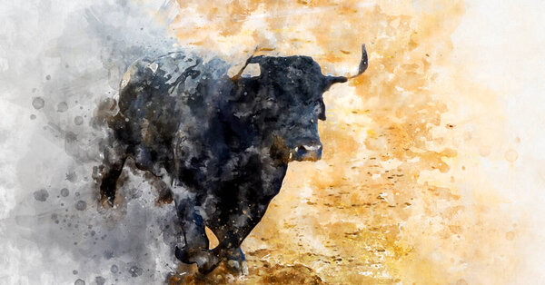 Акварель, испанские быки (toros bravos) в провинции Гвадалахара, Кастилья Ла-Манча, центральная Испания. Известный по традиционным испанским корридам.