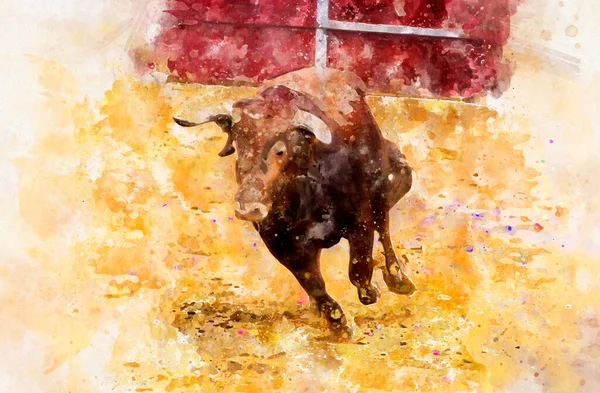 水彩画 棕色公牛攻击西班牙斗牛士 — 图库照片