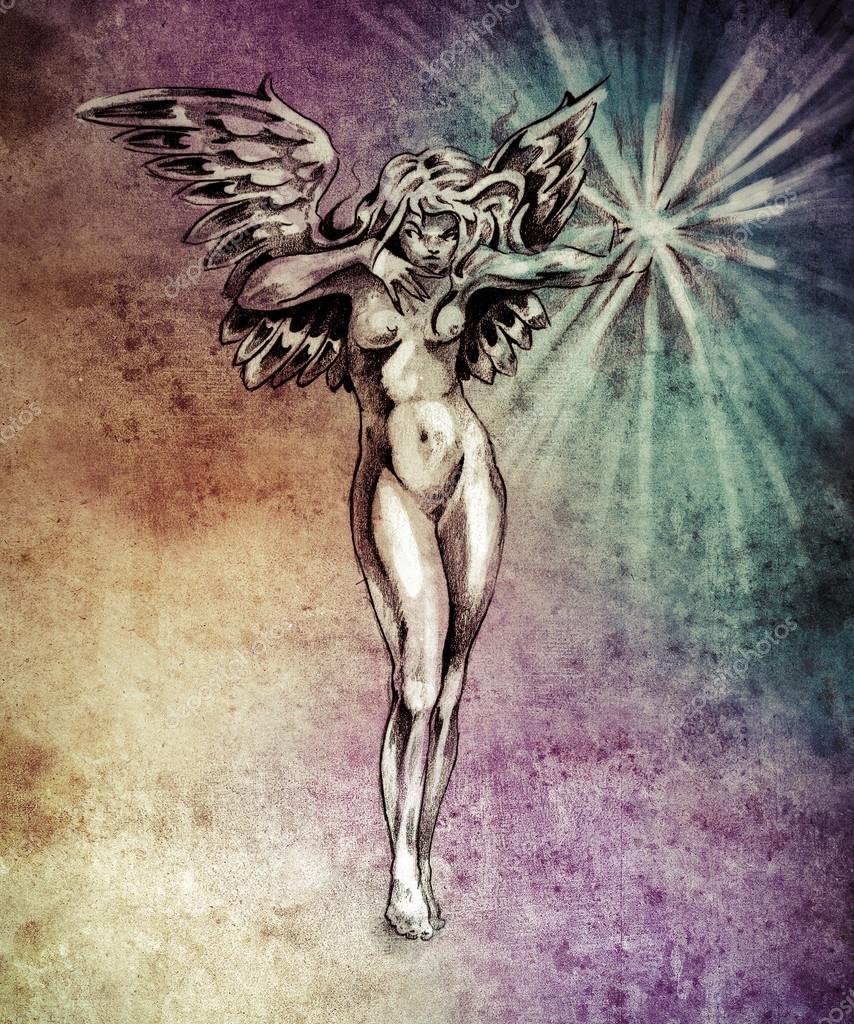 Sketch of tattoo art, fairy angel, nude woman over colorful pape royalty free stock image